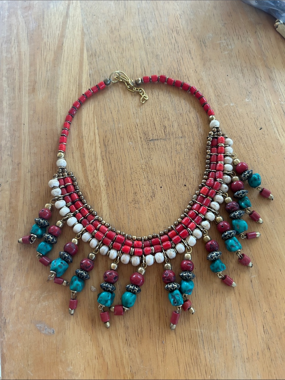Boho Red, Turquoise & Cream Beaded Statement Necklace